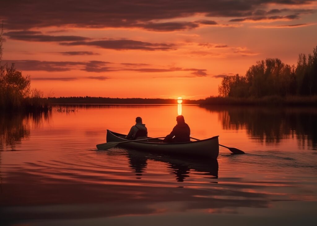 Dois homens andando de canoa ao pôr do sol