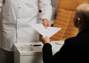 Diagnóstico e Análise Funcional um medico com um jaleco branco entregando um documento a seu paciente, um homem calvo, sentado diante da esvrivaninha, dentro do consutório.